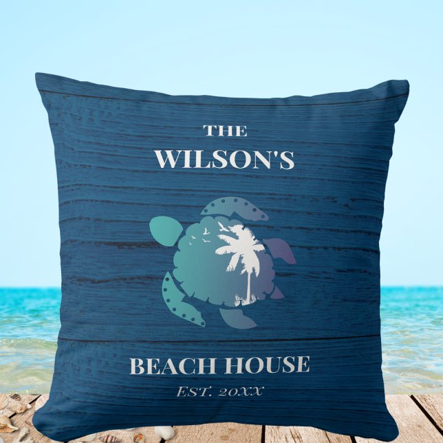 Coussin Marine Blue Wood Nom de famille Beach House (Créateur téléchargé)