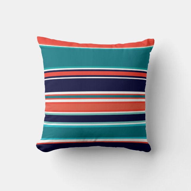 Coussin Marine moderne Turquoise Coral Navy Stripes Beach (Recto)