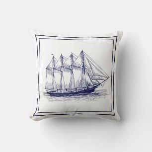 Coussin Marine Nautique Cadre bleu et navire à goélette Vi