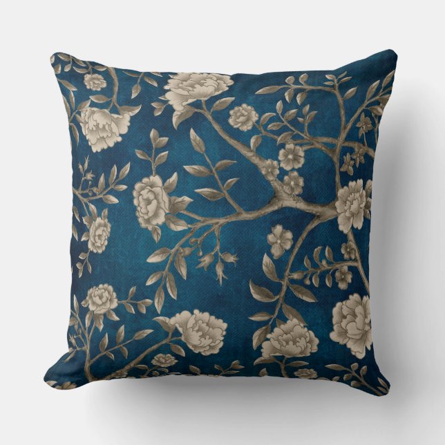 Coussin Marine peinte à la main Chinoiserie Florale (Recto)