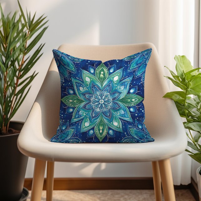 Coussin Marine Vert Turquoise Mandela Boho (Navy Green Turquoise Mandela Boho Throw Pillow)