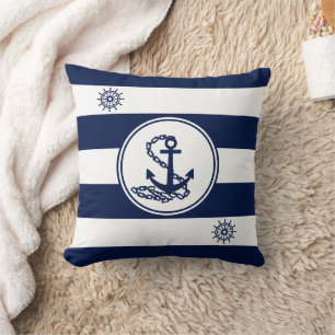 Coussin Maritime Blanc et Bleu, Ancre et roue du navire
