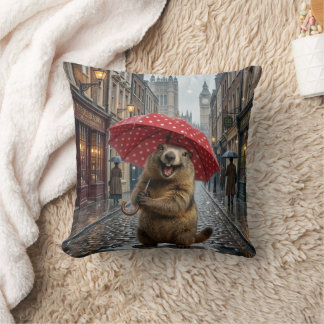 Coussin Marmotte mignonne avec un parapluie à pois rouges