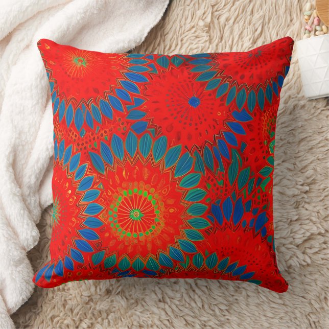 Coussin Marocain exotique rouge orange turquoise vert Flor (Couverture)