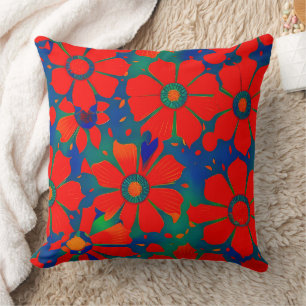 Coussin Marocain floral exotique rouge orange bleu sarcell