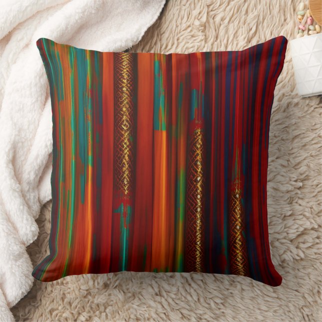 Coussin Marocain rayure or rustique rouge orange bleu vert (Couverture)