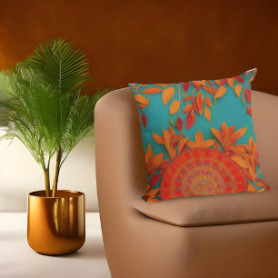 Coussin Marocain rustique or rouge orange bleu feuilles d'