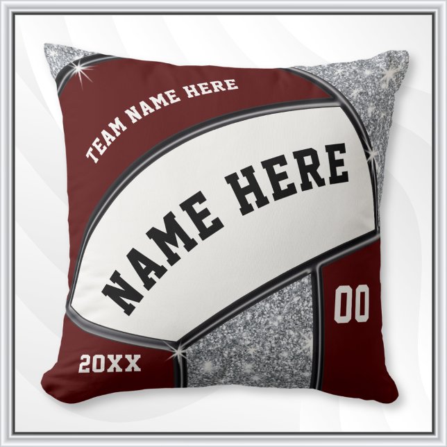 Coussin Maroon, Blanc, Silver Volleyball Team Idées Cadeau (Personalized Volleyball Gifts. Volleyball senior night gift ideas. Volleyball team gifts for girls. )
