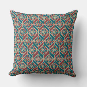 Coussin Maroon, Motif ethnique Turquoise, Fleurs, Chevrons