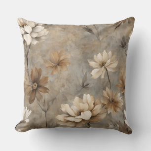 Coussin Marron Gris Beige Neutre Floral Terreux