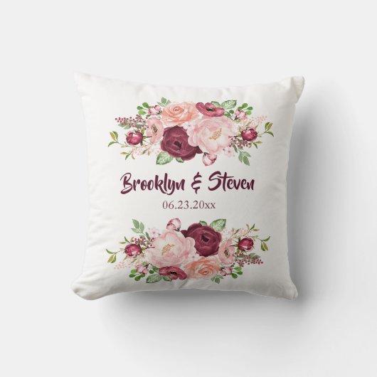 Coussin Marsala et rose Aquarelle Peony Mariage-1 (Recto)