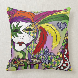 Coussin Masque à plumes de Mardi Gras psychédélique