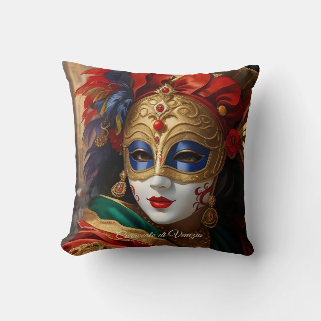 Coussin Masque de Carnaval de Venise or bleu rouge (Recto)