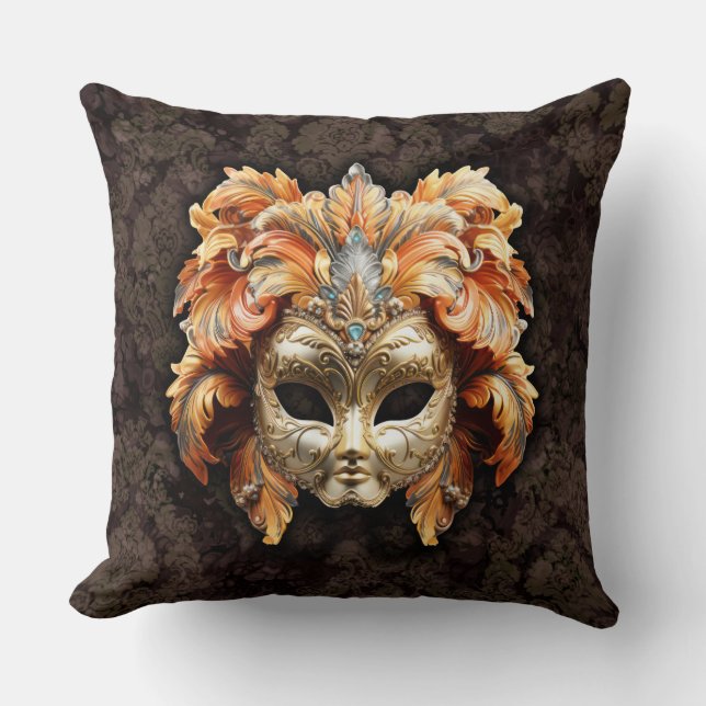 Coussin Masque Lion Doré avec plumes orange  (Recto)