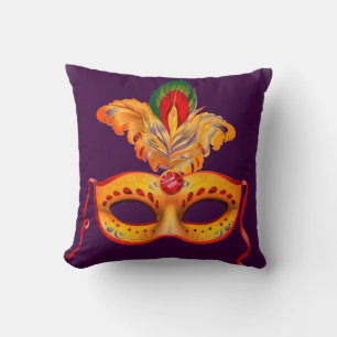Coussin Masque masqué Royal violet et jaune plumes