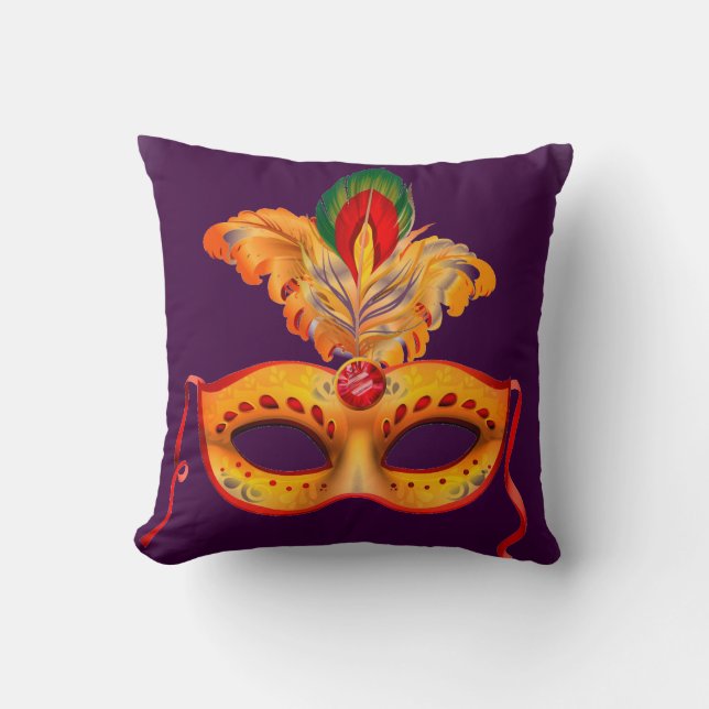 Coussin Masque masqué Royal violet et jaune plumes (Recto)