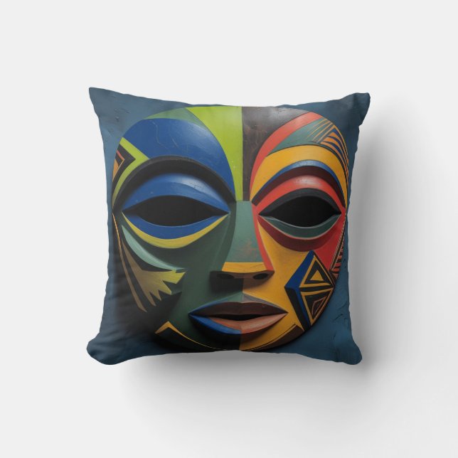 Coussin Masque Tribal Africain Cubisme Abstrait (Recto)