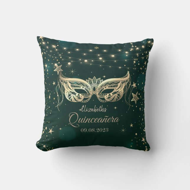Coussin Masquerade, Étoiles Vertes Quinceañera (Recto)