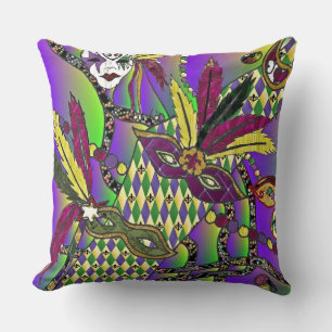 Coussin Masques à plumes de Mardi Gras psychédéliques