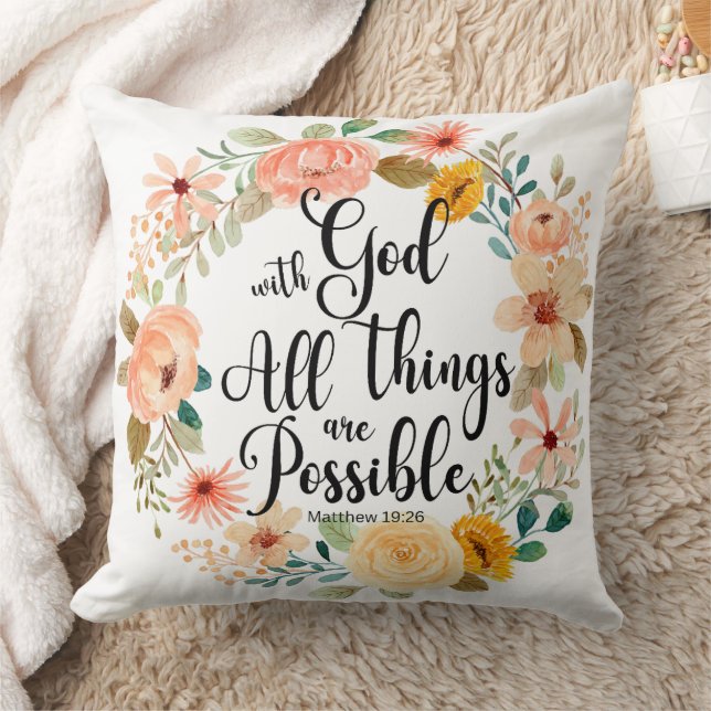 Coussin Matthieu 19:26 Possible avec Dieu Écriture Florale (Couverture)