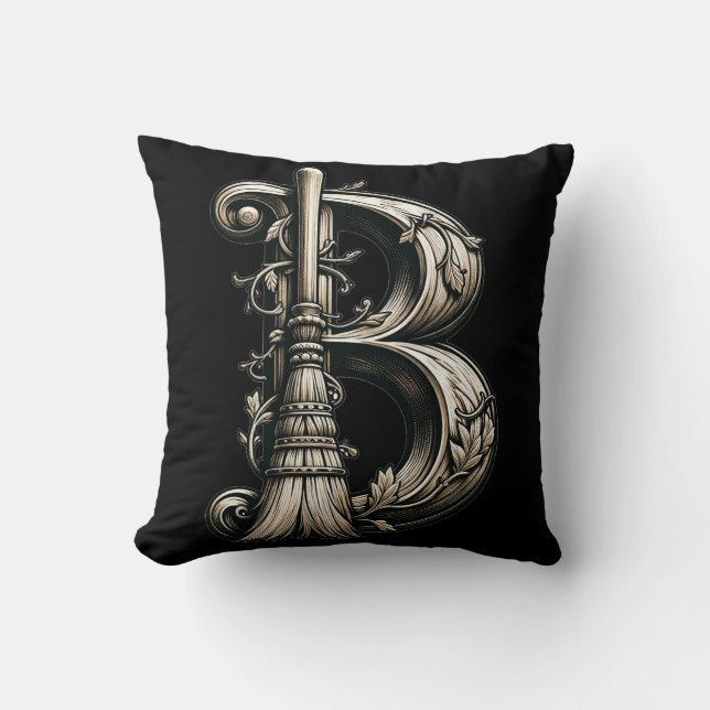 Coussin Mauvaise Sorcière Balai Sorcier Lettre B Initiale  (Recto)
