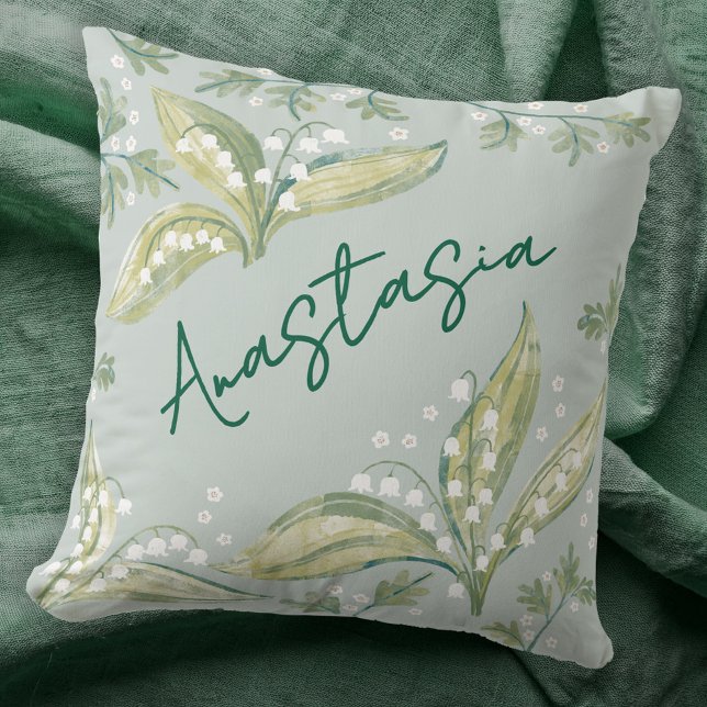 Coussin May Birth Month Daffodil Personalized (May birthday personalized custom name birth month flower lily of the valley hawthorn throw pillow)