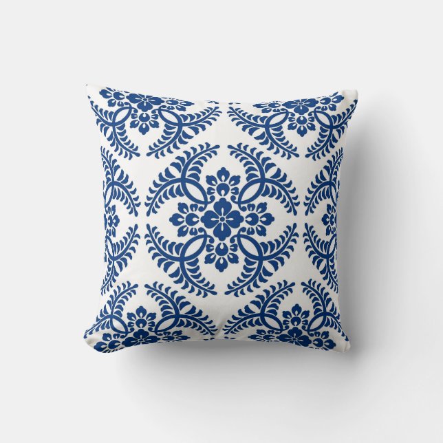 Coussin Médaillon japonais Motif, bleu Cobalt et blanc (Recto)