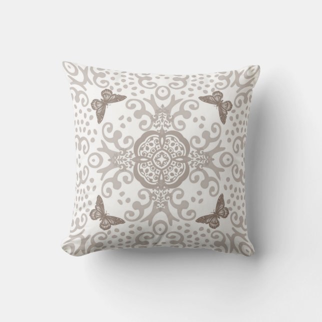 Coussin Médaillon Papillon Aspect Vintage Argent et Blanc (Recto)