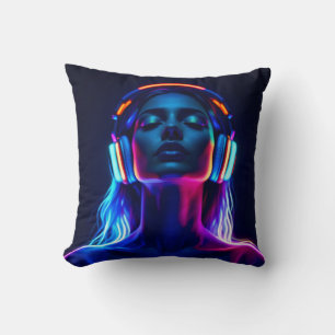 Coussin Méditation musicale néon – Femme avec casque audio