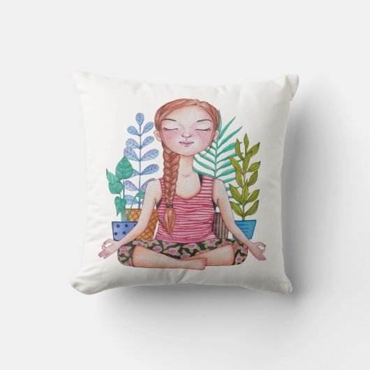 Coussin Méditer la fille avec les Plantes (Recto)