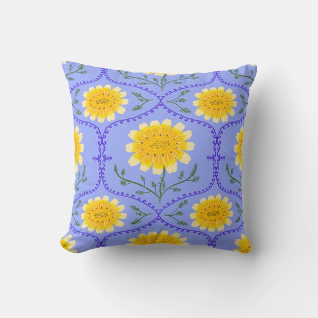 Coussin Mediterranean Blue and Yellow Floral Greek Flora  (Recto)