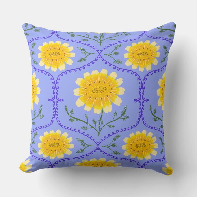 Coussin Mediterranean Blue and Yellow Floral Greek Flora  (Recto)