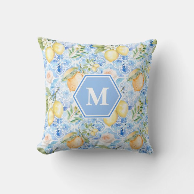 Coussin Mediterranean Blue Tile Limoncello Monogram Name (Recto)