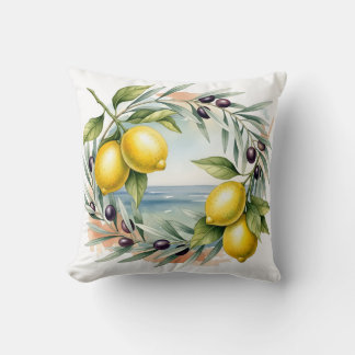 Coussin Mediterranean Lemon and Olive Branch Watercolor