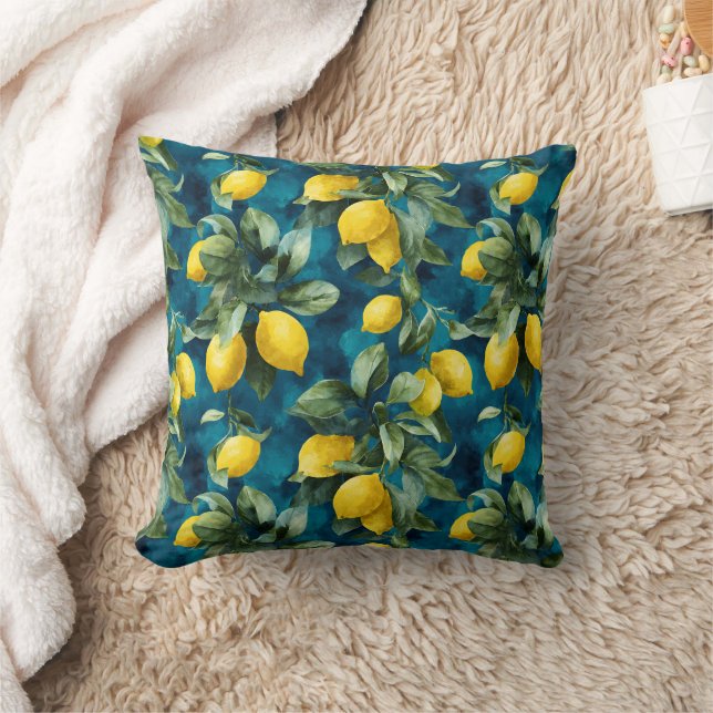 Coussin Mediterranean Lemon Watercolor Blue Yellow Pattern (Couverture)
