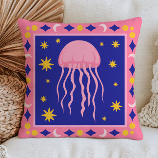 Coussin Méduse céleste rose et bleu, art folklorique nauti