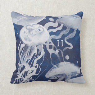 Coussin Méduses du monogramme   sur l'arrière - plan de