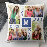 Coussin Meilleur Bonus Papa Ever 4 Photo Bleu Blanc Monogr<br><div class="desc">Photo Collage Coussin personnalisé pour le meilleur Bonus Papa Ever. Le modèle est configuré pour vous permettre d'ajouter 4 de vos photos préférées et une première. Un grand cadeau pour votre beau-père en Fête des pères, en anniversaire ou comme gardien d'un événement ou d'une réalisation personnelle. Le design a une...</div>