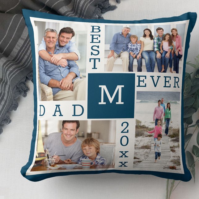 Coussin Meilleur papa Ever 4 Photo Collage Bleu Blanc Mono (Créateur téléchargé)