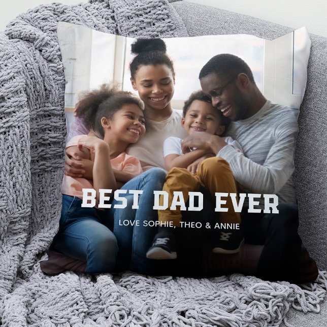 Coussin Meilleur papa jamais | Bold Modern Text et deux ph (Créateur téléchargé)