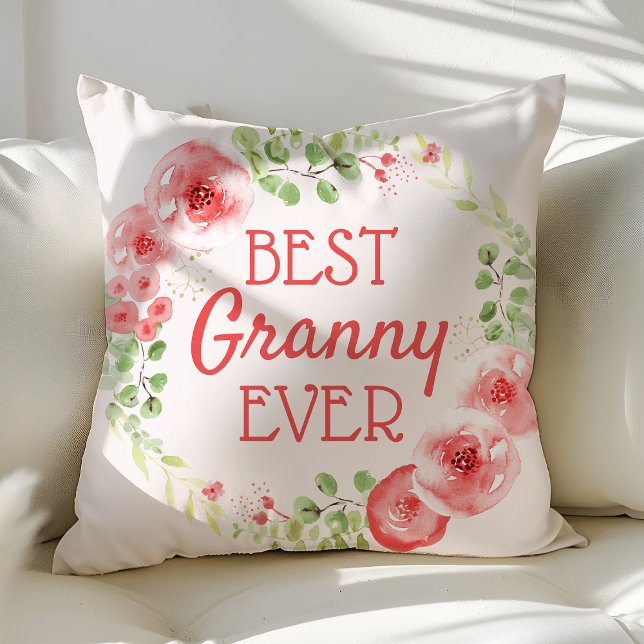 Coussin Meilleure aquarelle Granny Ever Fleur Wreath (Créateur téléchargé)