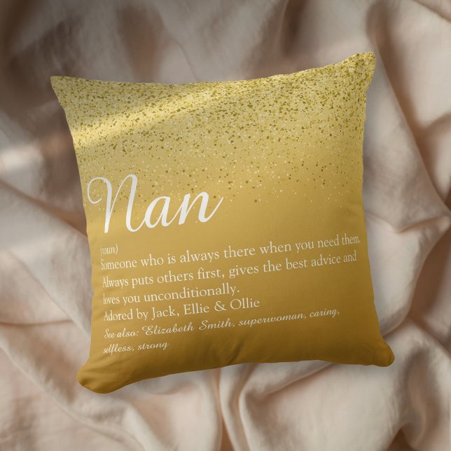 Coussin Meilleure Grand-mère, Définition de Grand-mère en  (Best Grandma, Grandmother Definition Script Gold Throw Pillow)