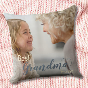 Coussin Meilleure Grand-mère Ever Gris Script Cœur Photo
