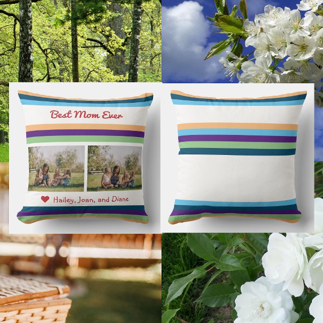 Coussin Meilleure Maman Aimer 2 Photos Noms Couleur Bands  (Best Mom Ever. Personalized pillow for Mother's Day or bday w/ 2 photos + names. Minimalist, modern)
