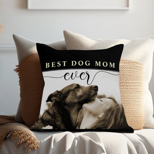 Coussin Meilleure maman chien Jour des mères Jouer l'oreil (Best dog mom ever black and white simple modern pillow with photo)