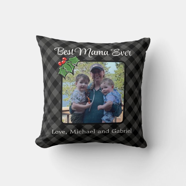 Coussin Meilleure maman de Noël classique gris Plaid Holly (Recto)