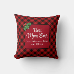 Coussin Meilleure maman de Noël classique Red Plaid Holly