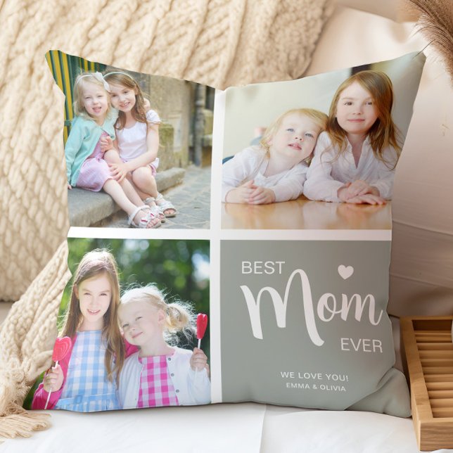 Coussin Meilleure Maman Toujours Mères Journée Sage Green  (Best Mom Ever Mothers Day Sage Green Photo Collage Throw Pillow
)