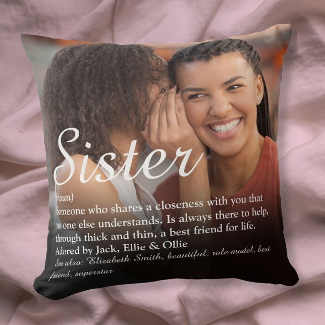 Coussin Meilleure Sœur Définition Écriture Élégante Photo (Best Ever Sister Definition Elegant Script Photo Throw Pillow)