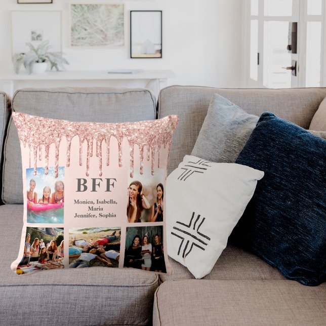 Coussin Meilleurs amis photo collage rose or parties scint (Créateur téléchargé)